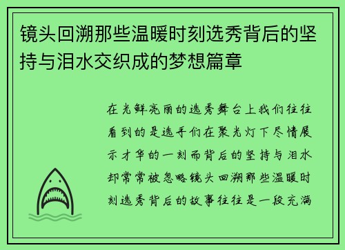 镜头回溯那些温暖时刻选秀背后的坚持与泪水交织成的梦想篇章