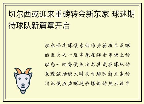 切尔西或迎来重磅转会新东家 球迷期待球队新篇章开启