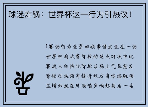 球迷炸锅：世界杯这一行为引热议！